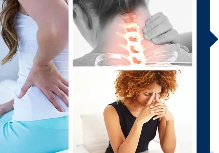 Images illustrating back and neck discomfort, highlighting common areas of spinal pain.